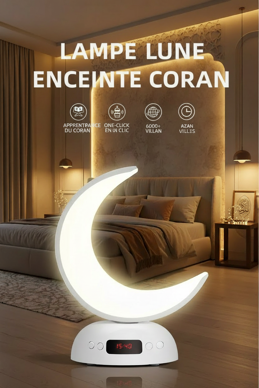 Veilleuse Coranique Lune Premium – Bluetooth & Récitation HD